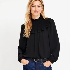 LOFT black Ruffle Smocked Yoke Blouse size medium NWT
